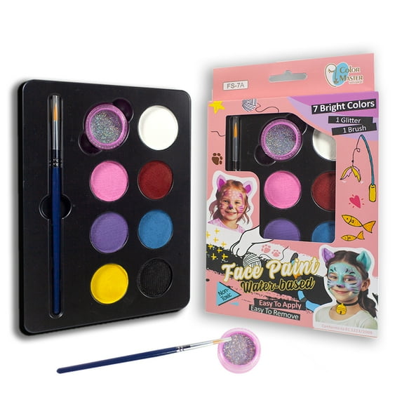 ColorMaster Face Painting kit for kids, 7 Bright Color, 1 Glitters, 1 Bush