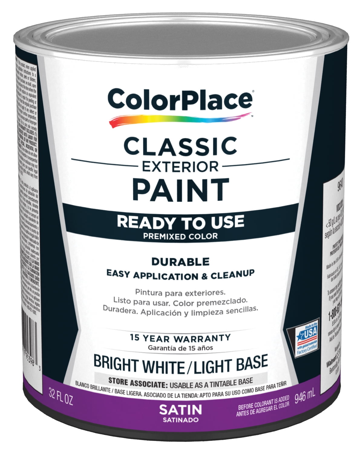 ColorPlace Classic Exterior House Paint, Satin, Bright White/Light Base