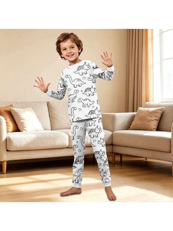 Colorable Family Matching Pajamas Sets Dinosaur Coloring Print Long Sleeve Tops Pants Soft Sleepwear Homewear Outfits for Cozy Nights