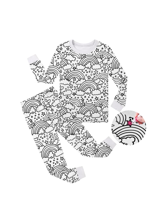 Colorable Pajamas for Boy and Girl Kids Diy Hand Painted Homewear Set Long Sleeve Pullover Top with Pajamas Pants Girls Fashion Pajamas Set 3-4 Years