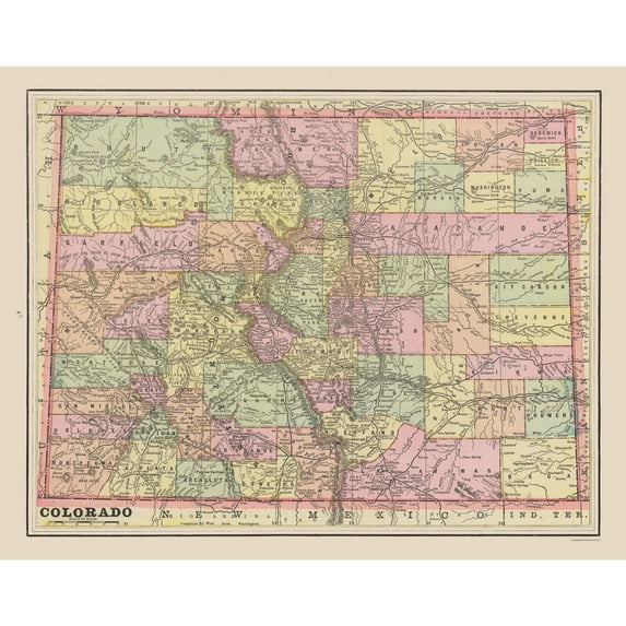 Historic State Map - Colorado - Cram 1892 - Vintage Wall Art