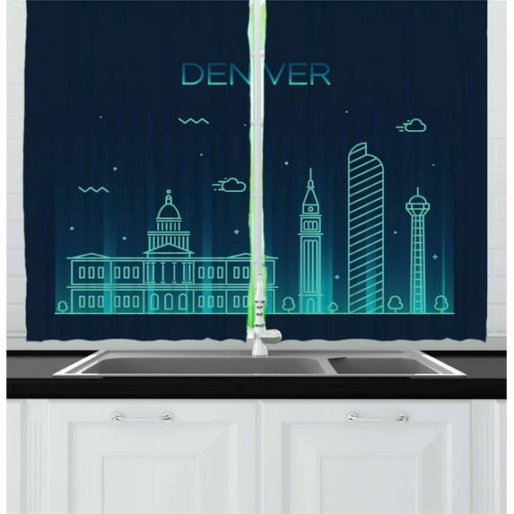 Colorado Curtains 2 Panels Set, Denver Metropolis View with Historical Landmark Digital Doodle Style Graphic, Window Drapes for Living Room Bedroom, 55W X 39L Inches, Night Blue Aqua, by Ambesonne