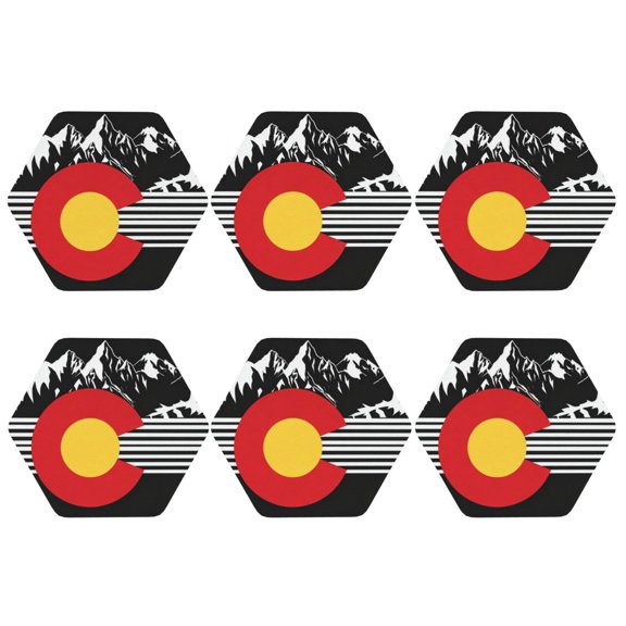 Colorado Flag Mountain Set of 6 Faux Leather 4 Inch Coasters Drinks Tabletop Home Dinning Hexagon