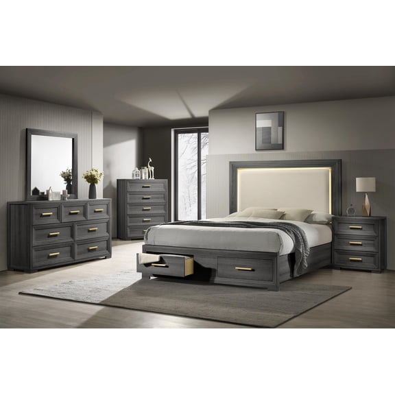 Colorado Modern Style King 5Pc Wood LED Bedroom Set in Charcoal