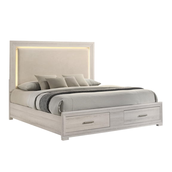 Colorado Modern Style King LED Upholstered Wood Bed in Rustic Natural