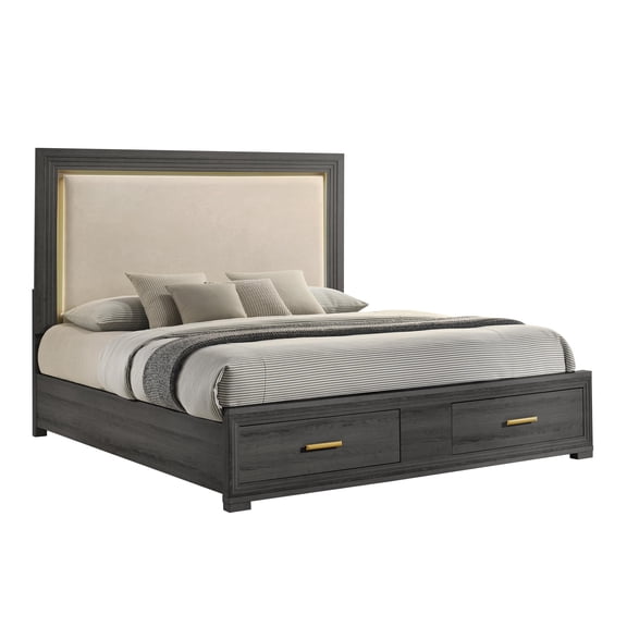 Colorado Modern Style Queen LED Upholstered Wood Bed in Charcoal