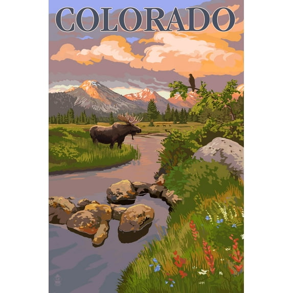 Colorado, Moose and Mountain Stream at Sunset (9x12 Wall Art Print, Home Decor)