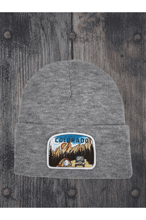 Colorado Mountain Adventure Beanie: Warm Winter Hat with Embroidered Patch for Outdoor Enthusiasts - Grey