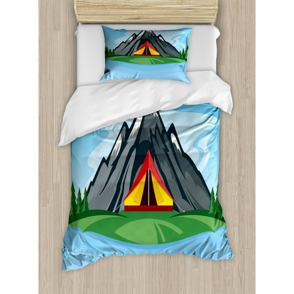 Colorado Mountain Duvet Cover Set Twin Size, Cartoon Camping Illustration with Tourist Tent Green Meadow Lake Pines, Decorative 2 Piece Bedding Set with 1 Pillow Sham, Multicolor, by Ambesonne