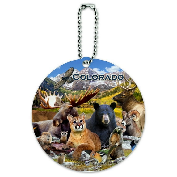 Colorado Mountains Lake Wildlife Animals Beer Moose Elk Cougar Round Luggage ID Tag Card Suitcase Carry-On
