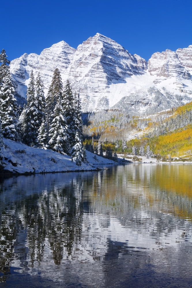 Colorado Near Aspen Landscape Of Maroon Lake And On Maroon Bells In Distance Early Snow Canvas Art - Ron Dahlquist Design Pics (22 x 34)