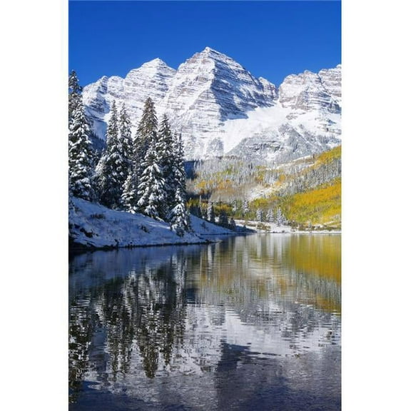 Colorado  Near Aspen  Landscape Of Maroon Lake And On Maroon Bells In Distance  Early Snow. Poster Print