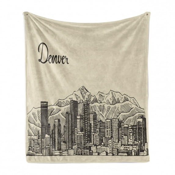 Colorado Soft Flannel Fleece Blanket, Denver City Skyline Sketch with Buildings and Mountains Vintage Town Pattern, Cozy Plush for Indoor and Outdoor Use, 70" x 90", Beige Dark Brown, by Ambesonne