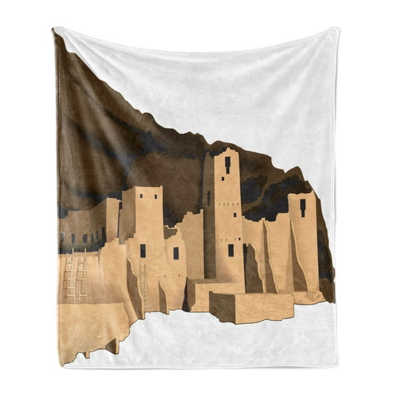 Colorado Soft Flannel Fleece Blanket, Mesa Verde National Park Historical Cliff Palace Monument Illustration, Cozy Plush for Indoor and Outdoor Use, 50" x 70", Brown and Sand Brown, by Ambesonne
