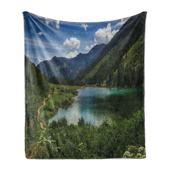Colorado Soft Flannel Fleece Throw Blanket, Maroon Lake with a Blue Sky and Clouds near Aspen Tranquility, Cozy Plush for Indoor and Outdoor Use, 50" x 60", Army Green Sea Blue, by Ambesonne