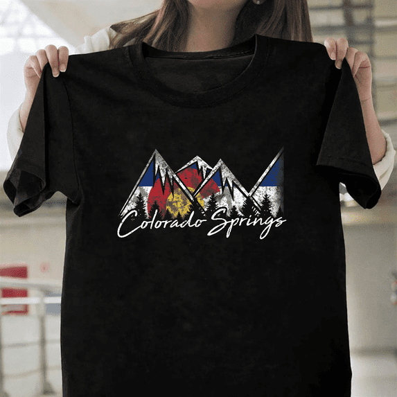 Colorado Springs Flag Mountains Graphic Travel Souvenir Unisex T-Shirt, up to size 3XL.