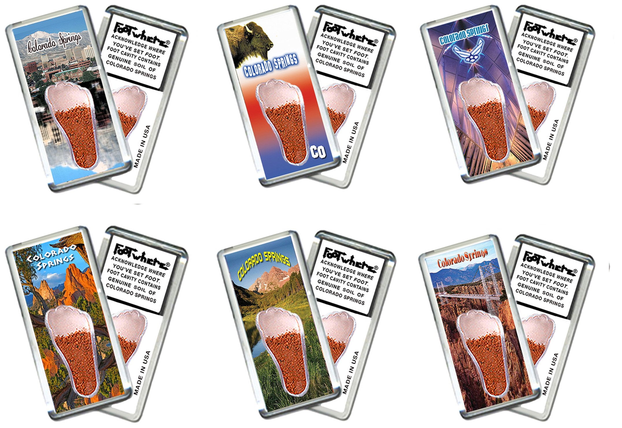 Colorado Springs FootWhere Souvenir Fridge Magnets. 6 Piece Set. (CS200 - Assorted)