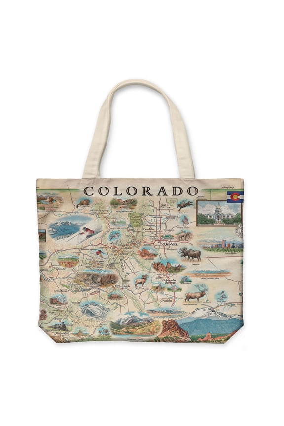 Colorado State Map Canvas Tote Bag with Handles, Cloth Grocery Shopping Bag, Reusable & Eco-friendly Bag, 100% Cotton, Washable, 18 wide x 15 tall