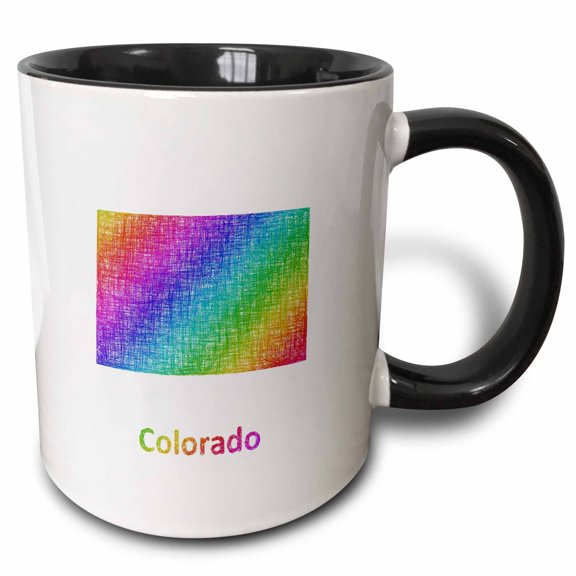 3drose, Colorado State Map - Rainbow Sketch Design, 11oz Two-tone Black Mug