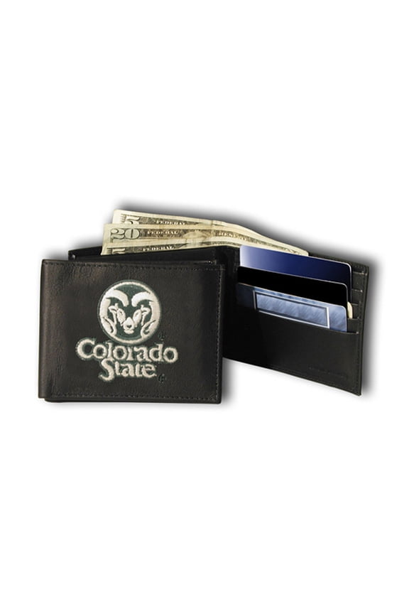 Colorado State University Rams Premium Black Leather Wallet, Bifold Billfold, Embroidered Logo
