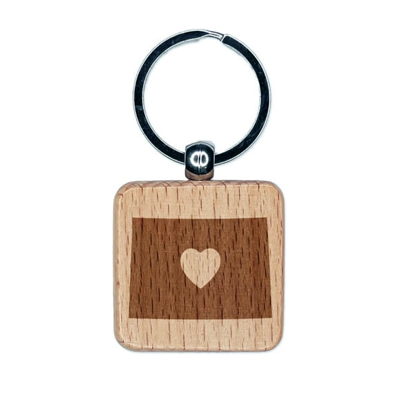 Colorado State with Heart Square Keychain Charm Tag - Engraved Wood
