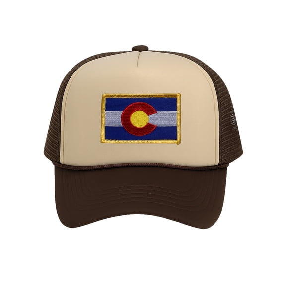 Colorado Trucker Hat for Men - State Flag Snapback Cap with Mesh Back, Khaki Brown