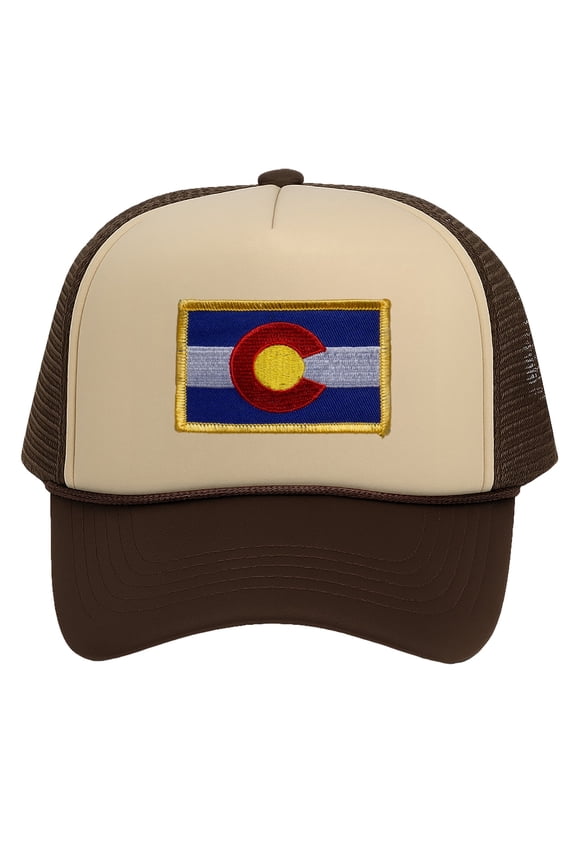 Colorado Trucker Hat for Men - State Flag Snapback Cap with Mesh Back, Khaki Brown
