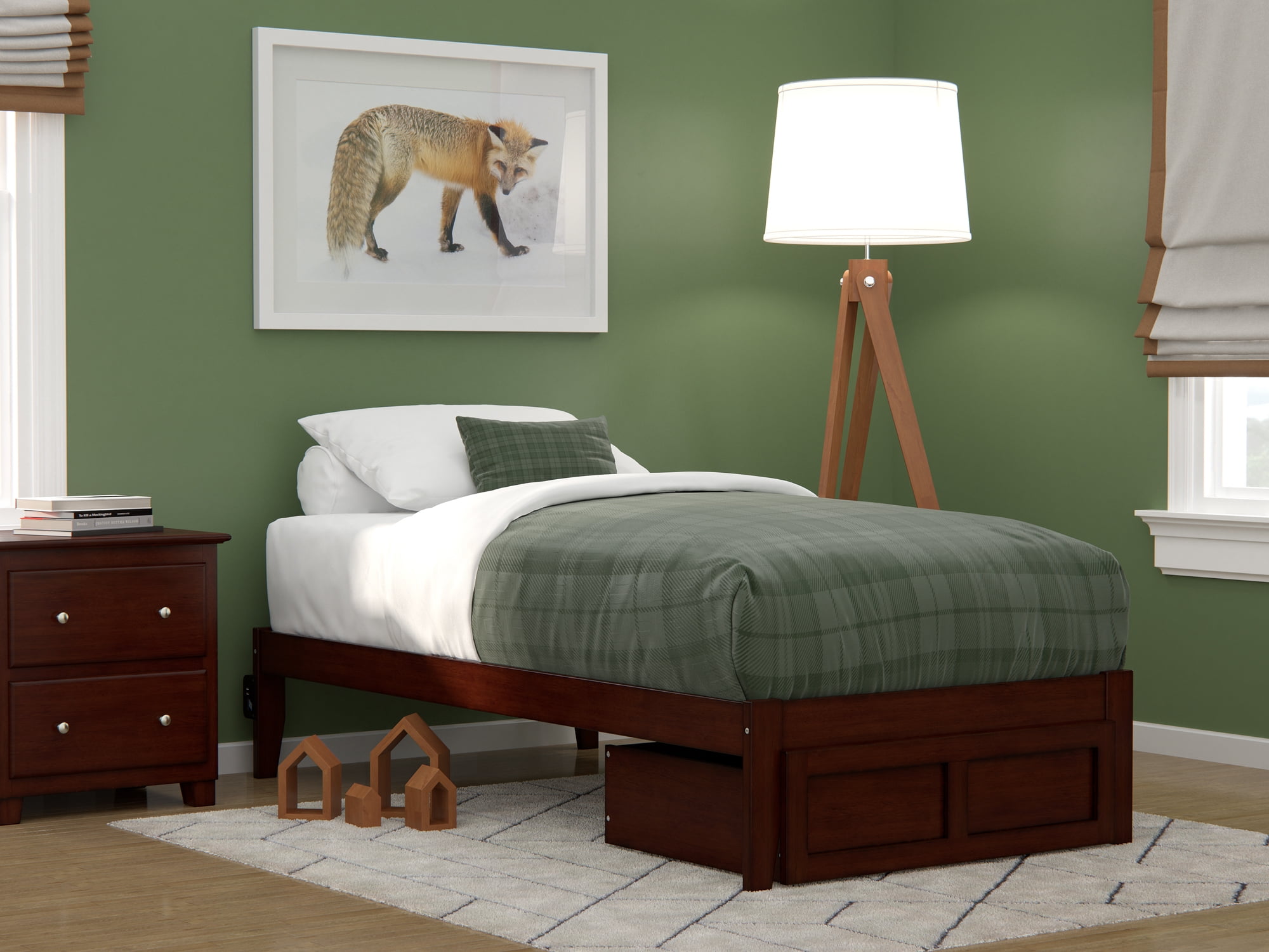 Walnut Twin Wood Frame Bed with Foot Drawer and USB Charger