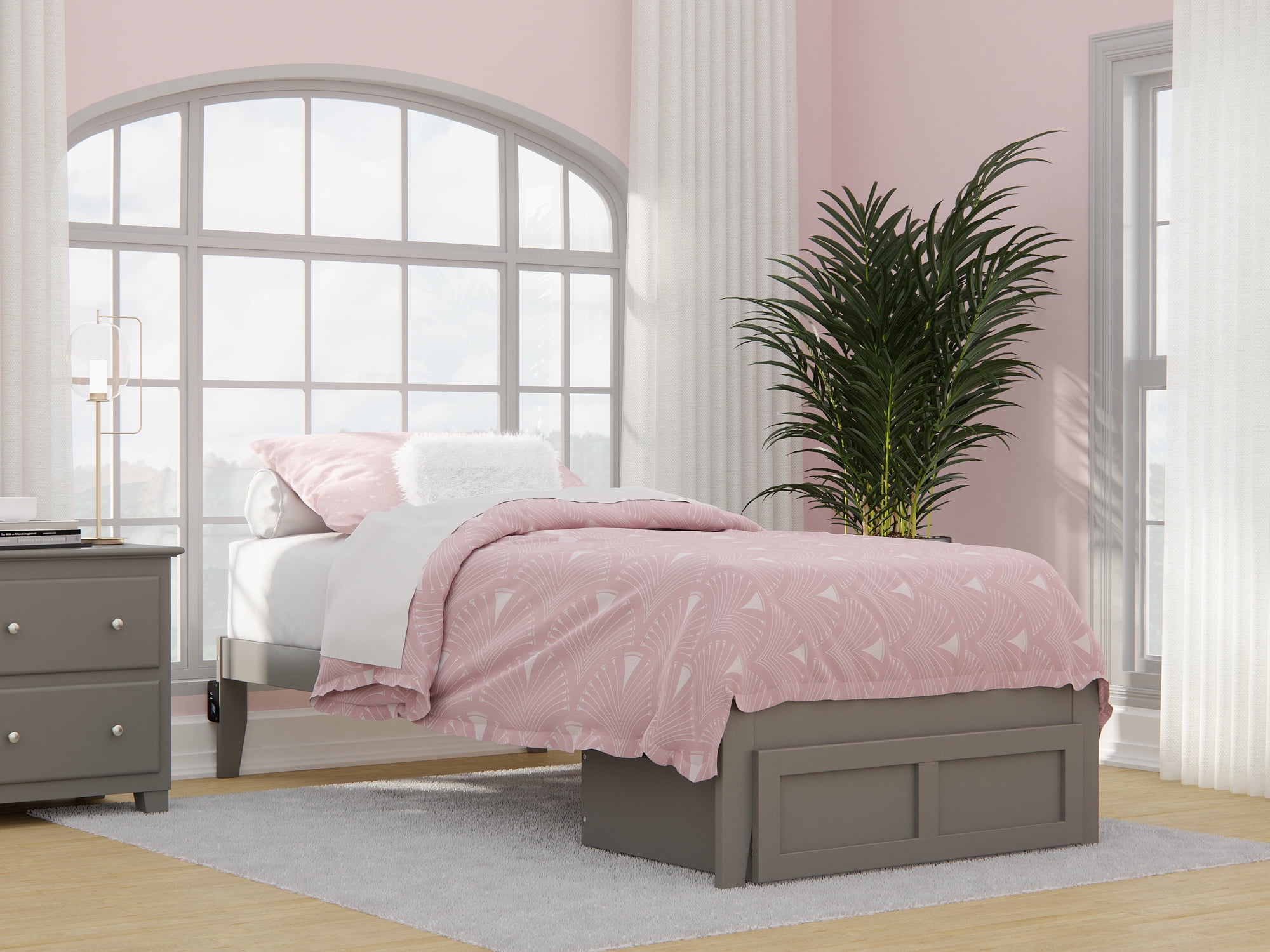 Grey Twin XL Wood Platform Bed with Storage Drawer and USB Charger