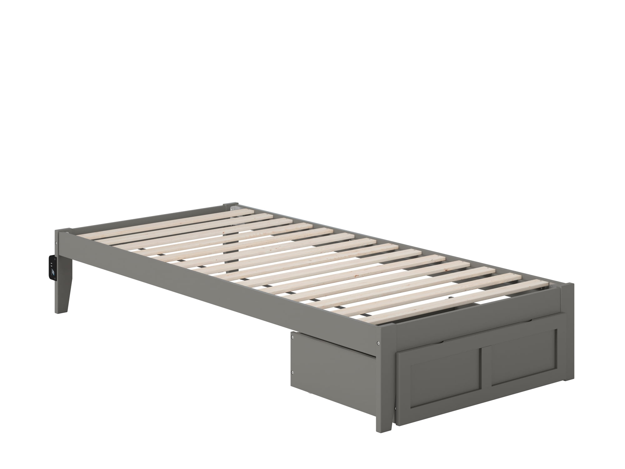 Grey Twin XL Wood Platform Bed with Storage Drawer and USB Charger