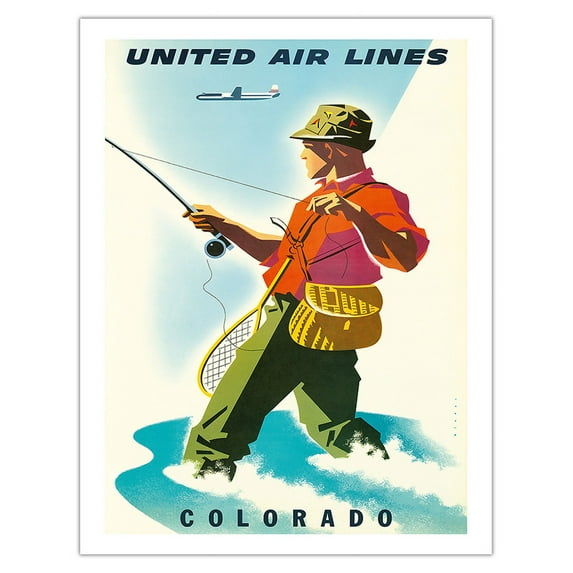 Colorado - United Air Lines - Fisherman Fly Fishing - Vintage Airline Travel Poster by Joseph Binder c.1950s - Fine Art Matte Paper Print (Unframed) 20x26in