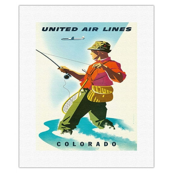Colorado - United Air Lines - Fisherman Fly Fishing - Vintage Airline Travel Poster by Joseph Binder c.1950s - Fine Art Rolled Canvas Print 11in x 14in