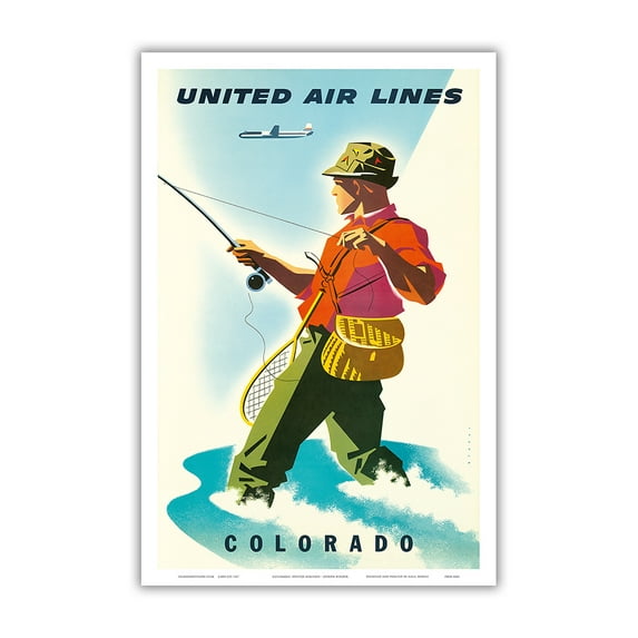 Colorado - United Air Lines - Fisherman Fly Fishing - Vintage Airline Travel Poster by Joseph Binder c.1950s - Master Art Print (Unframed) 12in x 18in