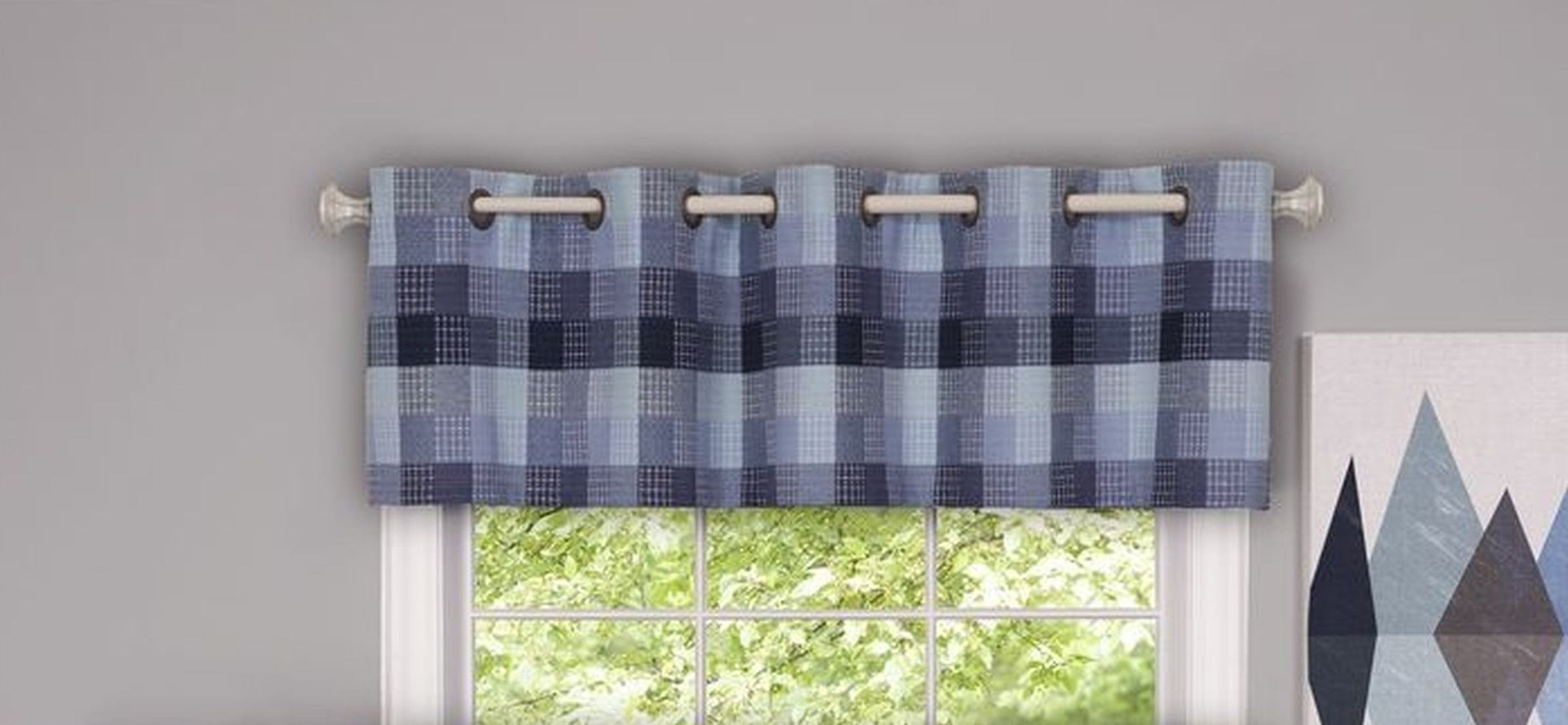 Blue Plaid Grommet Top Valance with 10 Grommets