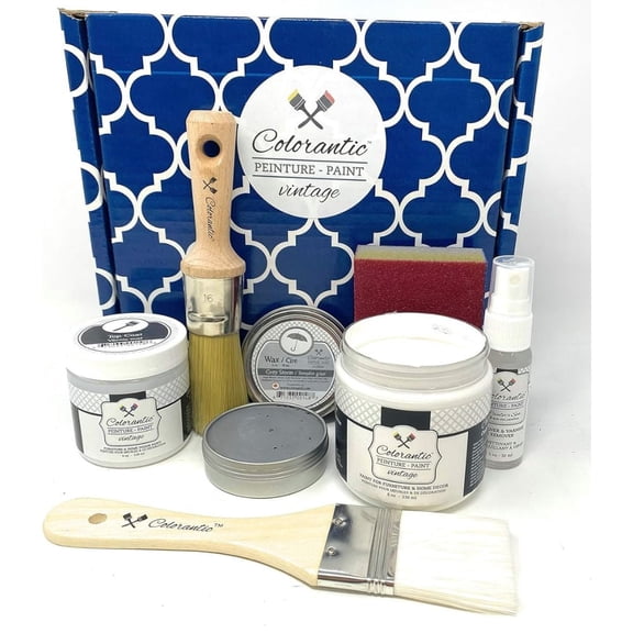 Colorantic | COTTON BALL WHITE STARTER KIT of Chalk Based Paint Wax Varnish Round Brushes for Furniture DIY | Decorative Craft Painting for Wood | 7 Items Kit