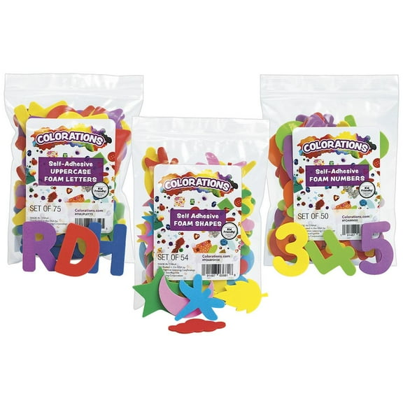 Colorations Self Adhesive Foam Assorted Letters, Numbers & Shapes, 179 Pieces