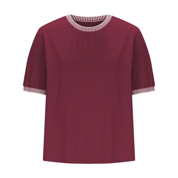 Colorblock Casual Short Sleeve Shirts for Women Loose Comfy Crew Neck Spring Summer Solid Pullover Tops for Daily