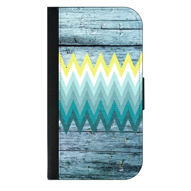 Colorblock Chevrons on Blue Wood Print - Wallet Style Cell Phone Case with 2 Card Slots and a Flip Cover Compatible with the Apple iPhone 4 and 4s Universal