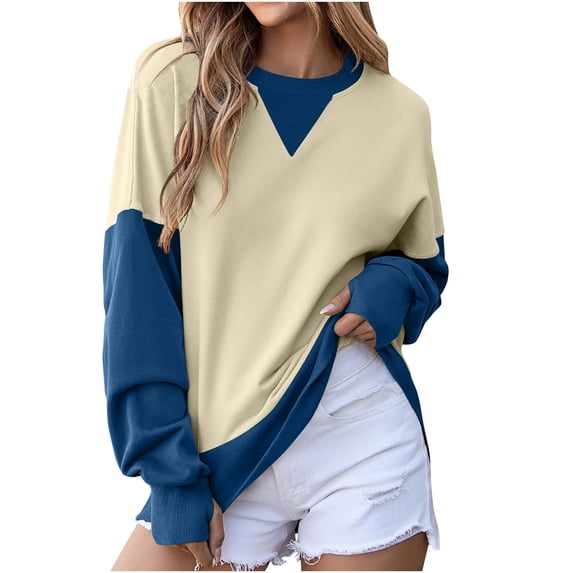 Colorblock Cotton Sweatshirts Long Sleeve Tops Womens Fall Winter Spring Casual Oversized Crew Neck Pullover (S, Khaki)