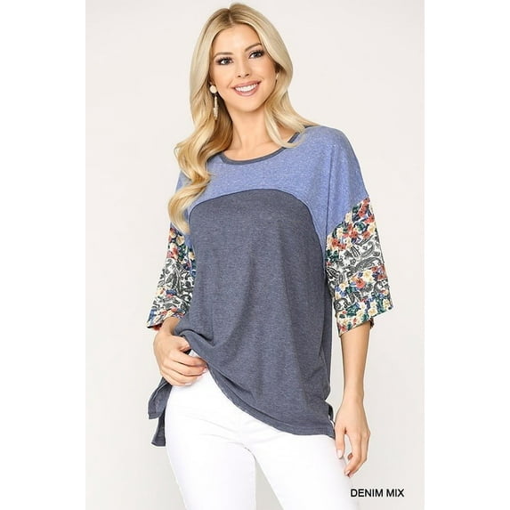 Colorblock Knit And Floral Print Mixed Top With Dolman Sleeve - Citron Mix, S