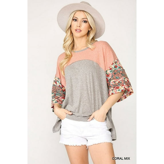 Colorblock Knit And Floral Print Mixed Top With Dolman Sleeve
