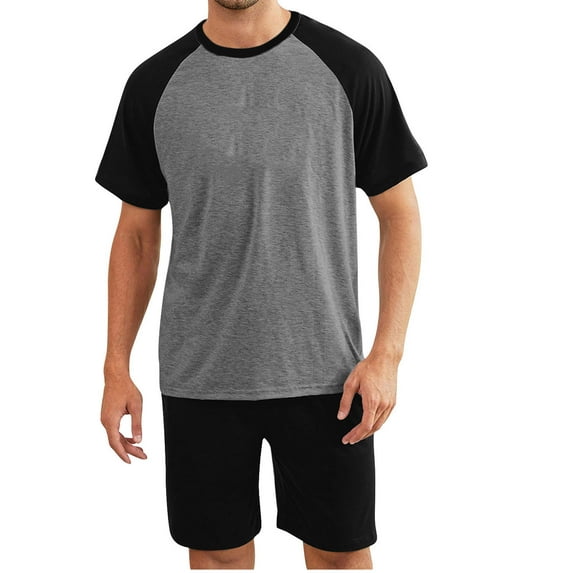 Colorblock Pajamas for Men Set Big and Tall Raglan Short Sleeve Shirts Elastic Waist Pockets Shorts 2 Piece Loungewear