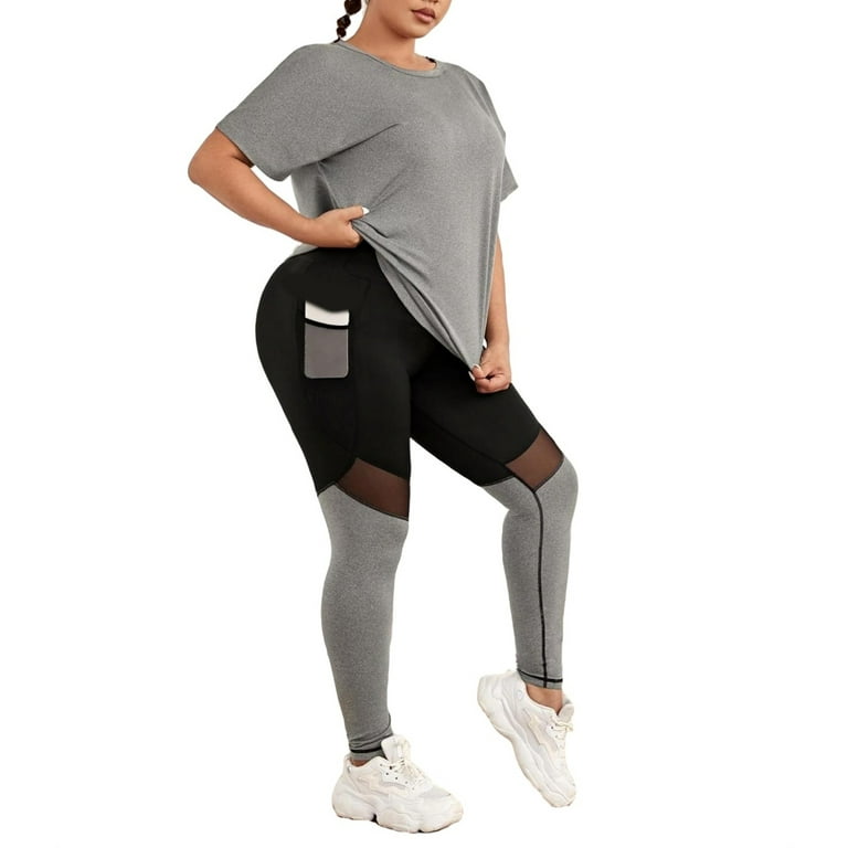 Colorblock Round Neck Leggings Short Sleeve Multicolor Plus Size Sports Sets Women s Plus