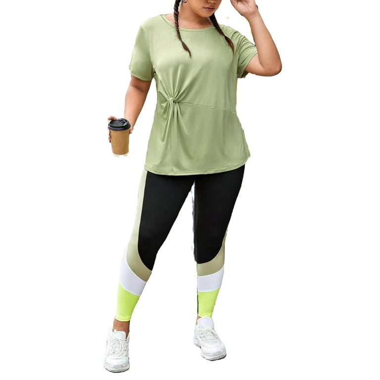 Colorblock Round Neck Leggings Short Sleeve Multicolor Plus Size Sports Sets Women s Plus Walmart