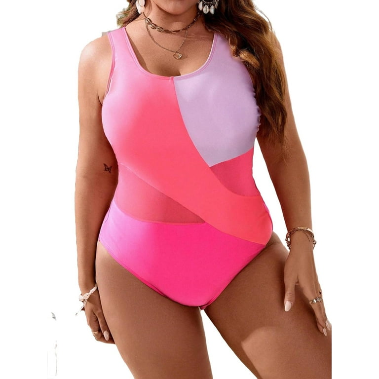 Colorblock Scoop Neck Pink Plus Size Swimsuit Women s Plus