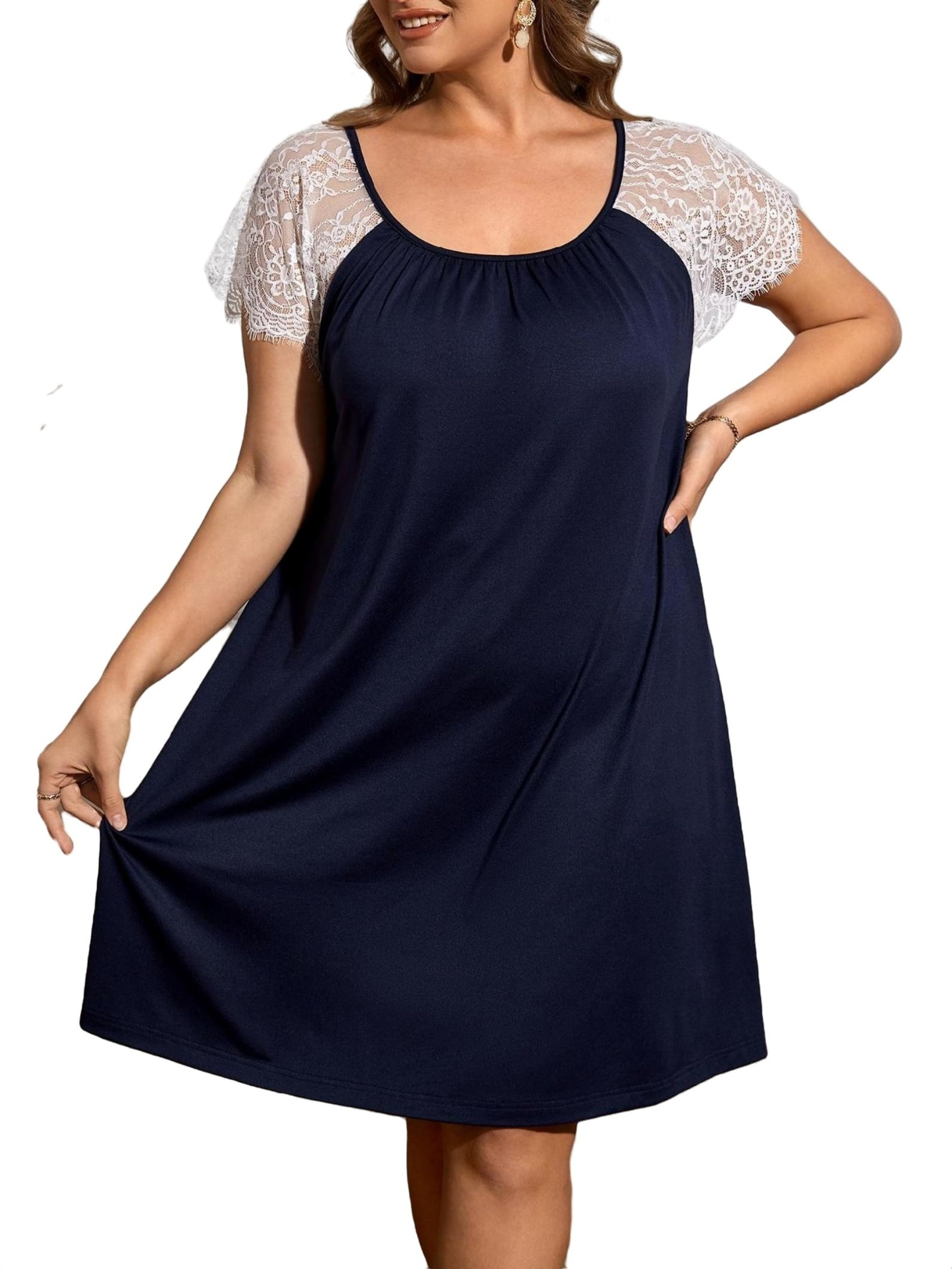 Colorblock Scoop Neck Short Sleeve Navy Blue Plus Size Nightgowns