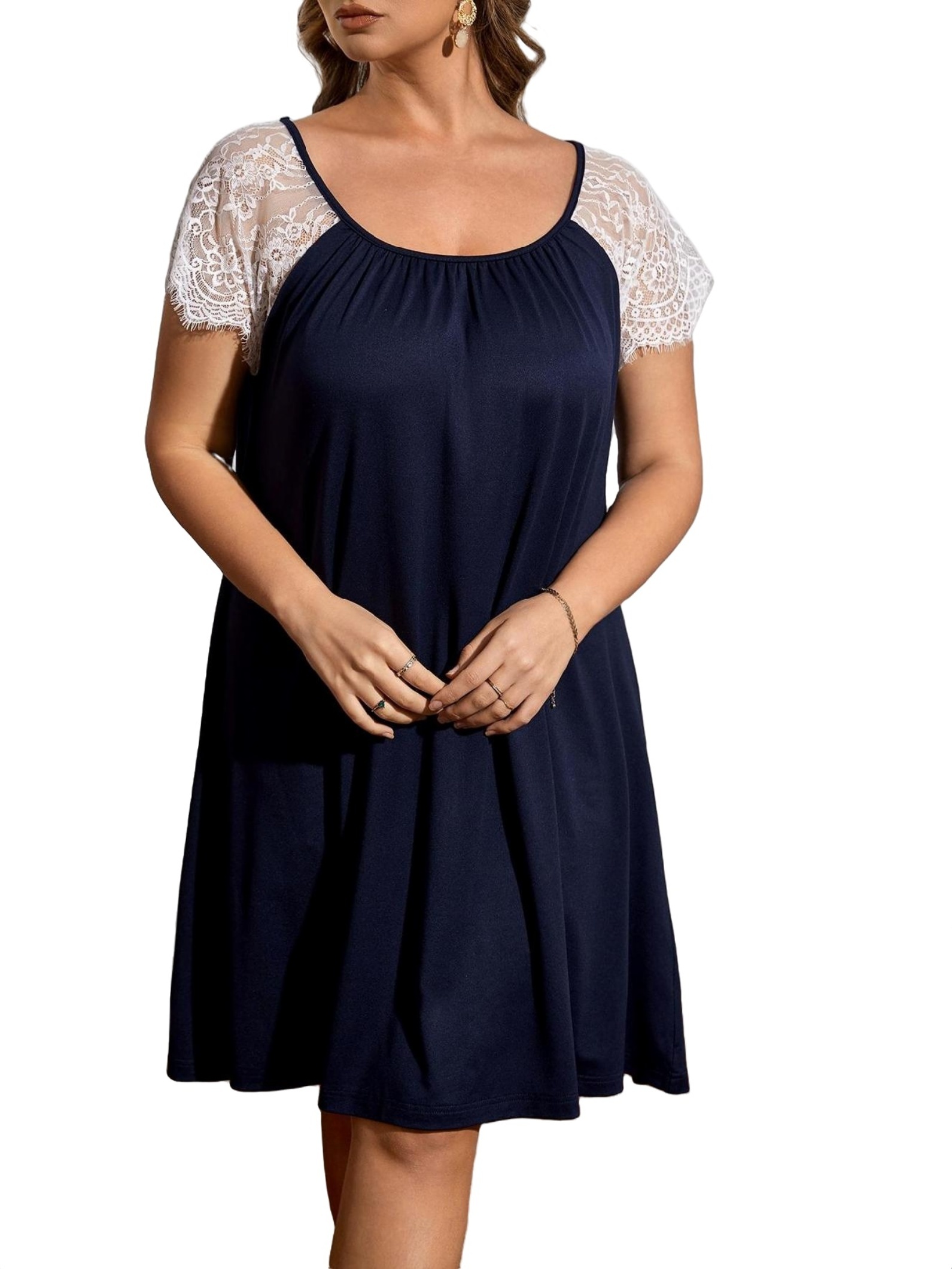 Colorblock Scoop Neck Short Sleeve Navy Blue Plus Size Nightgowns