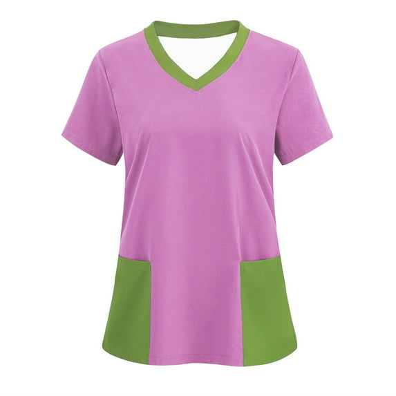 Colorblock Scrubs for Women Loose Fit Stretchy Scrub Tops V Neck Short Sleeve Housekeeping Nursing Uniforms with Pocket