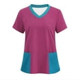 thumbnail image 1 of Colorblock Scrubs for Women Loose Fit Stretchy Scrub Tops V Neck Short Sleeve Housekeeping Nursing Uniforms with Pocket, 1 of 4