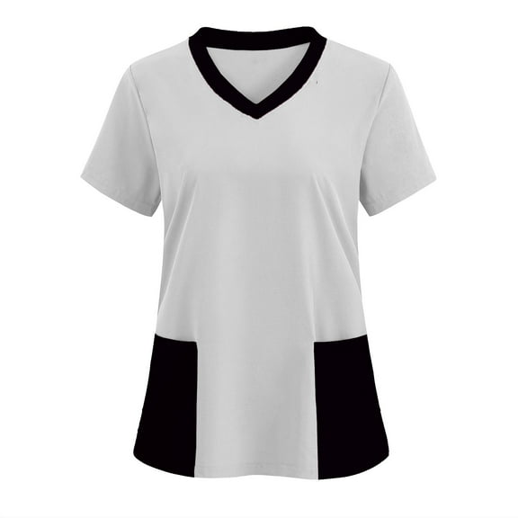 Colorblock Scrubs for Women Loose Fit Stretchy Scrub Tops V Neck Short Sleeve Housekeeping Nursing Uniforms with Pocket